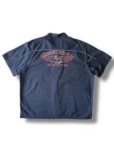 Harley Davidson Men’s Burning Skull Embroidered Mechanic Button Shirt Size XXL - Foto 1 di 20