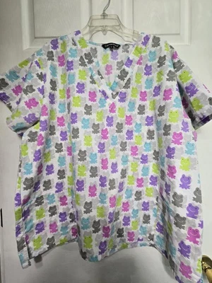 Cassandra O Scrub Top Size 3X-Purple/Pink/Aqua Frogs-Chest 28.5"/L 28.5" - Image 1 of 4