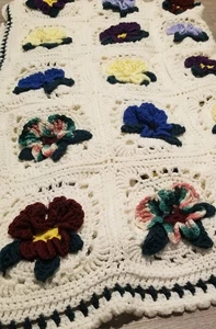 Vintage Handmade Crochet 3D Flowers Afghan Throw Blanket Granny Square 74"x42" - Picture 1 of 6