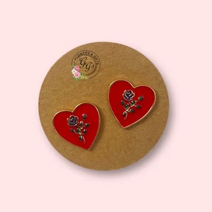 Red Heart Earrings With Rose - Picture 1 of 4