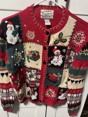 Cárdigan Suéter Navidad Botón Terciopelo Pequeños Coleccionables Heirloom Damas PM Foto 1 de 4