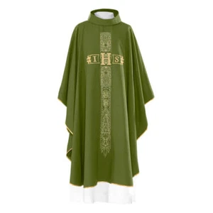 Vestido de casulla sacerdote bordado verde y estola con JHS y símbolo de cruz - Imagen 1 de 3