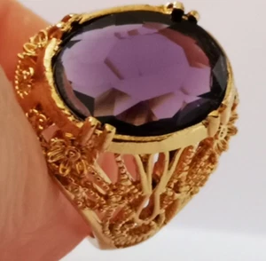 HERMOSO ANILLO DE AMATISTA CHAPADO EN ORO ROSA 585 MUY BIEN ORNAMENTADO, TALLA 10 - Imagen 1 de 7