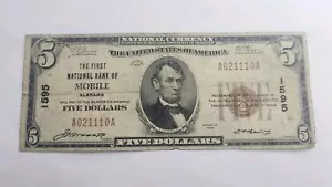 1929 $5 Bank Note Bill First National Bank of Mobile Alabama 1595 - Picture 1 of 6