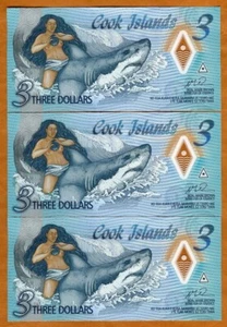 SET Islas Cook, 3 x $3, 2021 Ina desnuda y un tiburón, P-Nuevo polímero AA-Prefijo UNC - Imagen 1 de 2