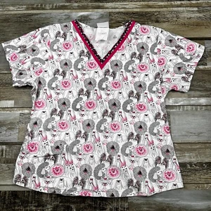 Women's size 7/9 Landau scrub top white pink gray dogs Nurse Medical - Picture 1 of 6