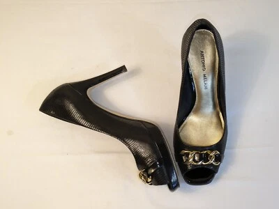 Antonio Melani Women 8M Black Leather Faux Lizard Pump Open Toe Church 4" Heels Foto 1 de 4