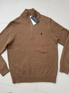 New Polo Ralph Lauren Quarter Zip Sweater Jumper In Tan Brown RRP£199 Size L - Picture 1 of 5