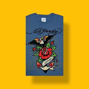 Ed Hardy Logo Herren XL Grafik Nieten Adler Rose Tattoo blau Rundhalsausschnitt T-Shirt - Bild 1 von 16
