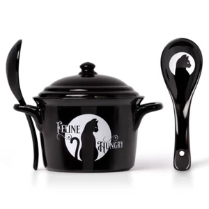 Alchemy Gothic China MRB7 Feline Hungry Bowl Lid & Spoon Set Oven Microwave Cat - Picture 1 of 3
