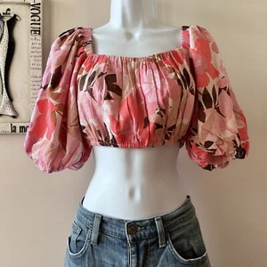 NWT Revolve MINKPINK Pink Floral Print Linen Puff Sleeve Crop Top Size S - Picture 1 of 8