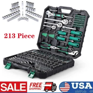 213Pcs Mechanics Tool Set 1/4" 3/8" 1/2" Ratchet Metric Wrench Socket w/ Case US - Picture 1 of 10