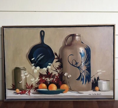 De Colección GRAN Pintura al Óleo Bodegón Cocina Campo Jarra Hierro Fundido Naranjas 37 x 25.5" Foto 1 de 4