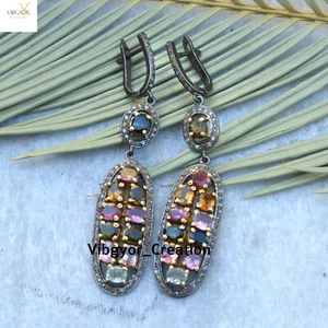 Pendientes de turmalina múltiple de diamantes pavé enchapados en oro de plata maciza 925 joyería regalo - Imagen 1 de 4