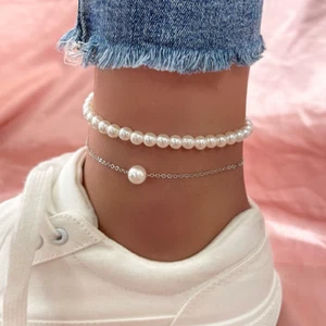 Versilberte 2-teilige Fußkette mit Perlen – sommerlich, elastisch & boho Style - Bild 1 von 3