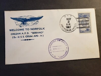 USS ARCTURUS AF-52 Naval Cover 1967 CHILE APD SERRANO Cachet ex ODUM APD-71 - Image 1 of 2