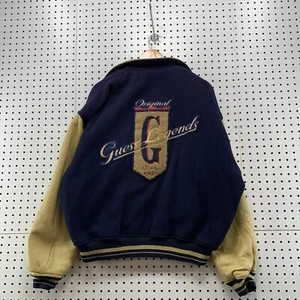 VTG Guess Varsity Jacket Mens Large Blue Beige Leather Sleeves Wool 28x27 - Picture 1 of 14