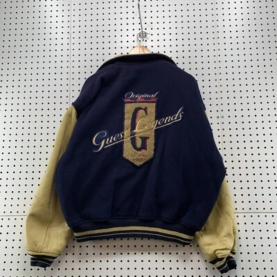 VTG Guess Varsity Jacket Mens Large Blue Beige Leather Sleeves Wool 28x27 - Image 1 of 4