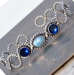 Labradorite & Tanzanite Gemstone 925 Sterling Silver Artisan Craft Cuff Bangle - Picture 1 of 7