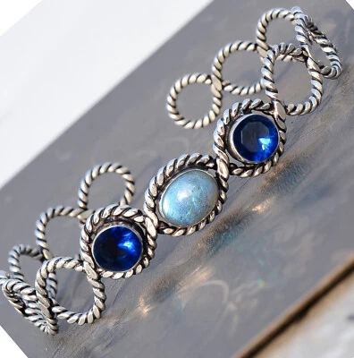 Labradorite & Tanzanite Gemstone 925 Sterling Silver Artisan Craft Cuff Bangle - Image 1 of 4