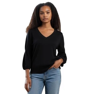 DKNYC schwarz S Pullover gerafft 3/4 Ärmel V-Ausschnitt R $ 89 - Bild 1 von 7