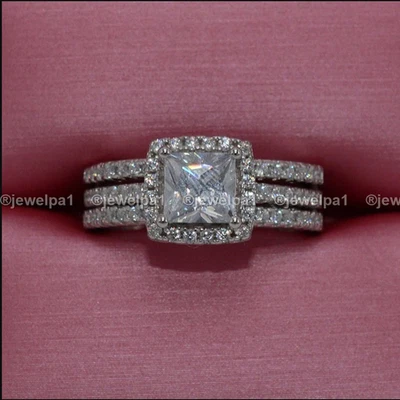 Moissanite Bridal Set Engagement Ring 2.75 CT Princess Cut Solid 14K White Gold - Image 1 of 4