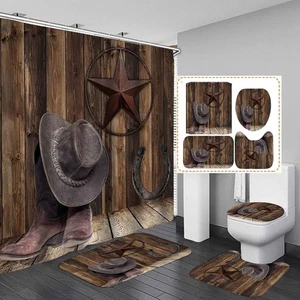 4-teiliges Western Duschvorhang Set mit Cowboyhut, Stiefeln, Pferd & Badematte - Bild 1 von 2