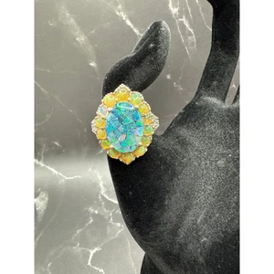 Vintage Mosaic Opal Center Stone Surrounded by Fire Opals 925 Made by STS Size 8 - Picture 1 of 8