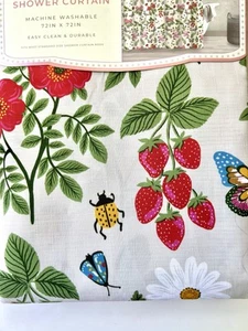GARDEN FLOWERS BUTTERFLIES STRAWBERRIES INSECTS FABRIC SHOWER CURTAIN SPRINGTIME - Picture 1 of 14