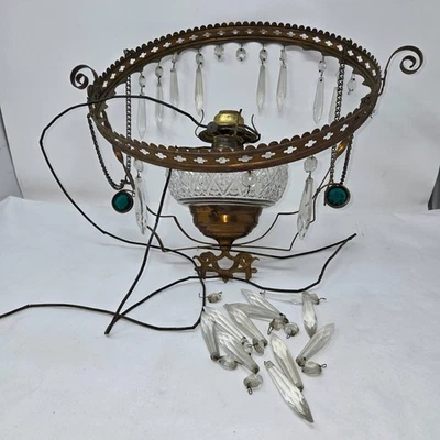 ANTIQUE VICTORIAN COPPER &GLASS ELECTRIFIED OIL LAMP LIBRARY CEILING LIGHT AS IS - Image 1 of 4