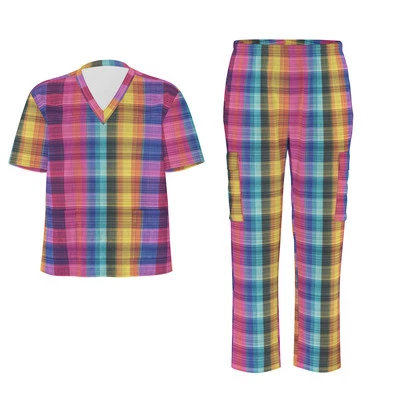 Plaid Unisex Scrub Set Medical Scrubs Multicolor Print 2pc Top Pants Men Women - Image 1 of 4