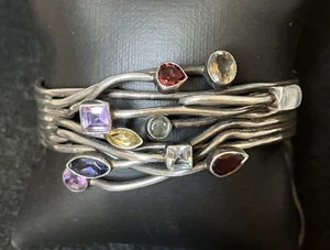 Vintage Sterlingsilber mehrfarbig Edelstein Modernist Draht Manschette Armband 49,7 g - Bild 1 von 20