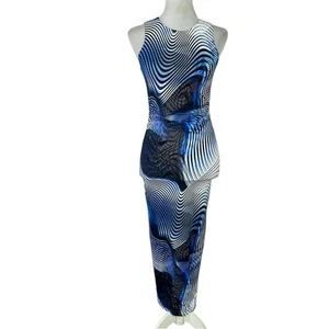 White Fox Boutique blau, schwarz, weiß Wellen- und Punktedruck Bodycon Maxikleid XS - Bild 1 von 8