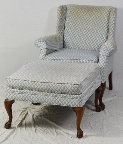 Mahogany Chippendale Style Wing Chair with Footstool Ottoman w Claw & Ball Feet Cover
