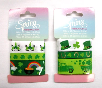 St Patricks Day Satin Ribbon Spring Ribbon Trio 2 Packages Shamrocks 3 Sizes - Image 1 of 4