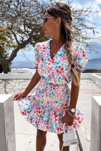 Womens Boho Floral Short Sleeve V-Neck Mini Dress Casual Party Summer Sundress - Picture 1 of 5