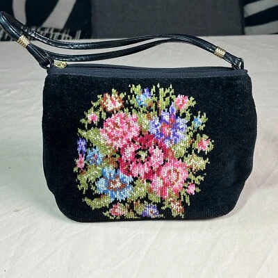 Bolso de Mano Vintage FEILER Negro Punta de Aguja - Floral - Hecho en Alemania Foto 1 de 4
