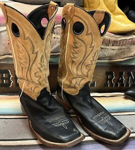 Justin Bent Rail Tall Top Cowboy Boots 10.5 EE Black N Tan Pull Holes Spur Ridge