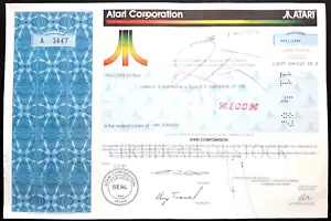 ๐ฅ ATARI CORPORATION Video Games 1987 Stock Certificate ~ 100 Shares Tramiel - Picture 1 of 3
