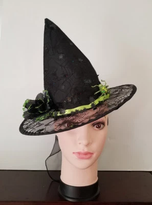 Sombrero de bruja de encaje de Halloween para niños con velo, flores y arañas Foto 1 de 3