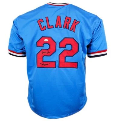 Camiseta deportiva de béisbol azul claro firmada por Jack Clark The Ripper Inscription St. Louis (J Foto 1 de 3