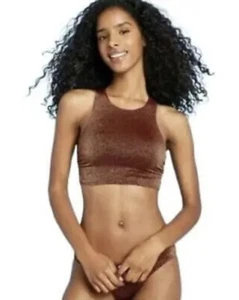 Xhilaration Junior Metallic strukturiertes hochgeschlossenes Bikini-Top - Rosine M neu mit Etikett - Bild 1 von 7