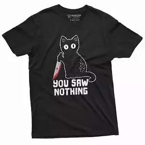 Men's Funny Cat T-shirt you saw nothing cat with bloody knife Halloween tee - Picture 1 of 8
