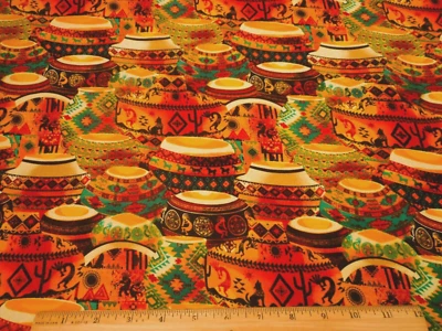 Southwest Fabric 1 1/8 Yard Tribal Pottery Gold Rust Blk Green Premium Cotton C - Image 1 of 2