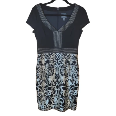 Adrianna Papell Women's Black  Silver Motif V Neck Fit Flare Dress Size 4 -3924 - Image 1 of 4