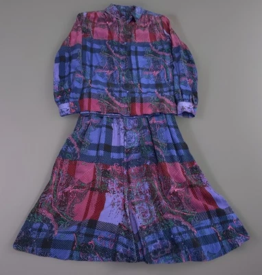 De Colección Años 60 Púrpura Rosa Cuadros Cachemira Abotonada Blusa Midi Falda Conjunto Casero Foto 1 de 4