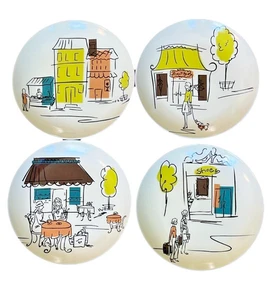 VTG MCM Style Set of 4 Snack Lunch 6.5” Plates~Ladies Shopping & Lunching~SWEET! - Picture 1 of 7