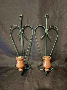 2 Home Interiors Heart Shaped Wall Sconces Wood & Metal Wire Candle Holder 13.5” - Picture 1 of 3