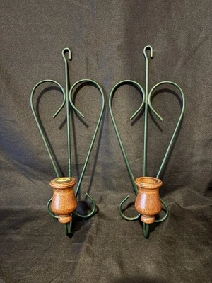 2 Home Interiors Heart Shaped Wall Sconces Wood & Metal Wire Candle Holder 13.5” - Image 1 of 3