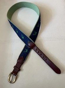 Youth Belt, Whale Design, Fabric, Leather w/ Brass Buckle, Sz 28"-30" Green/Blue - Picture 1 of 11